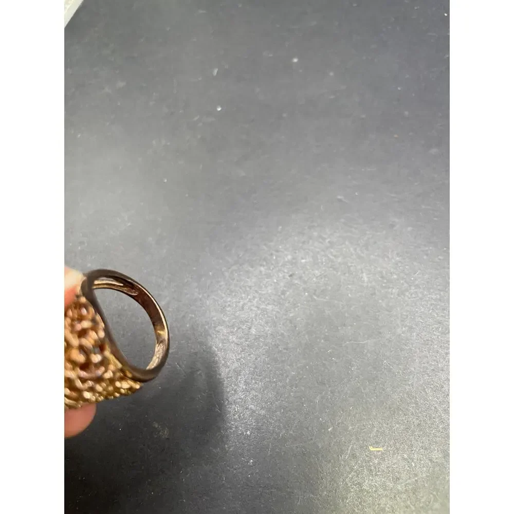 Vintage Pink Coral Cabochon Stone Filigree Statement Ring Gold Tone Size 9.75